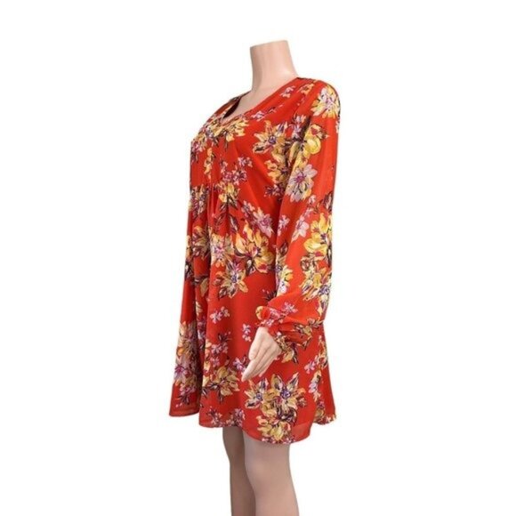 Time And Tru Women SZ L(12-14) Orange Floral Baby Doll Knee Dress -Long Sleeve - Picture 2 of 16